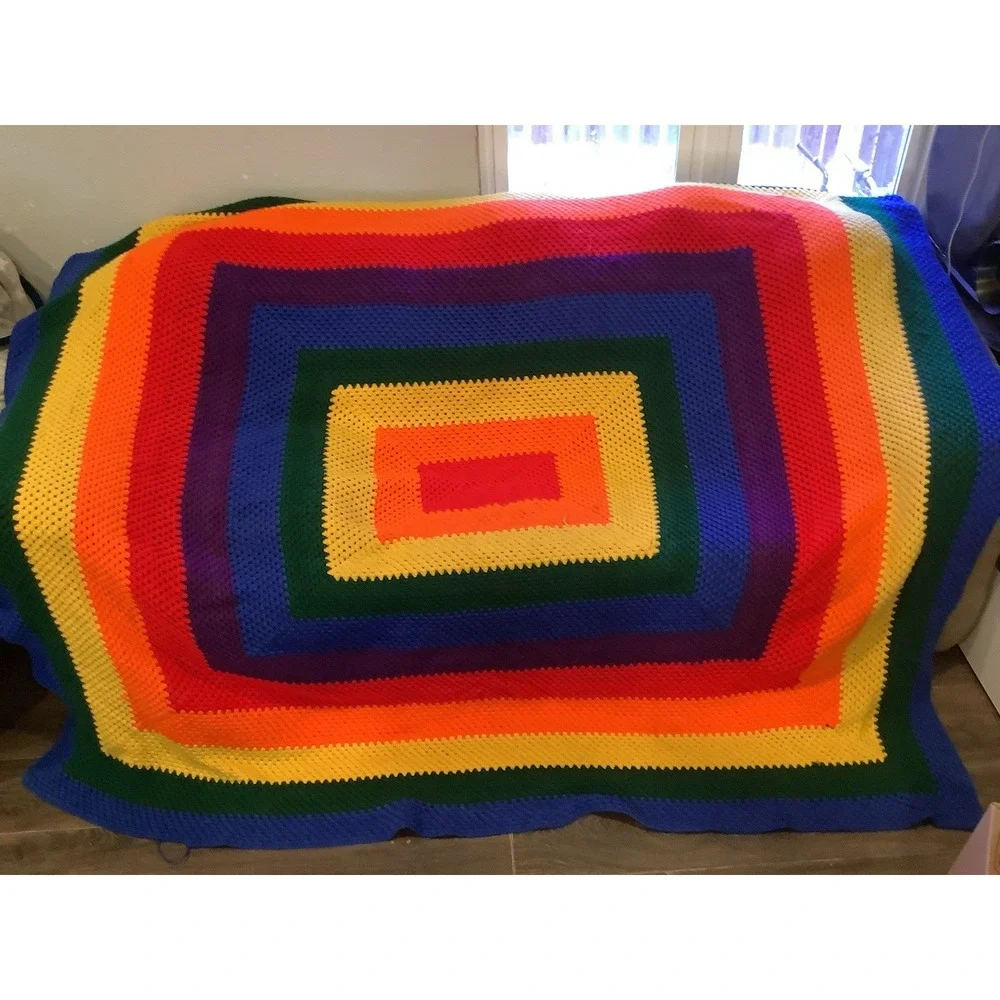 2 Unique Handmade Crochet Throw Blanket  Bedding Rainbow Knitted - Picture 2 of 4
